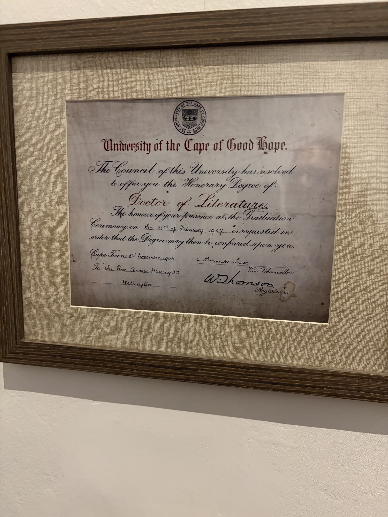 The 1907 University of the Cape of Good Hope certificate offering an honorary Doctorate of Literature to 'the Rev. Andrew Murray, D.D., Wellington.'